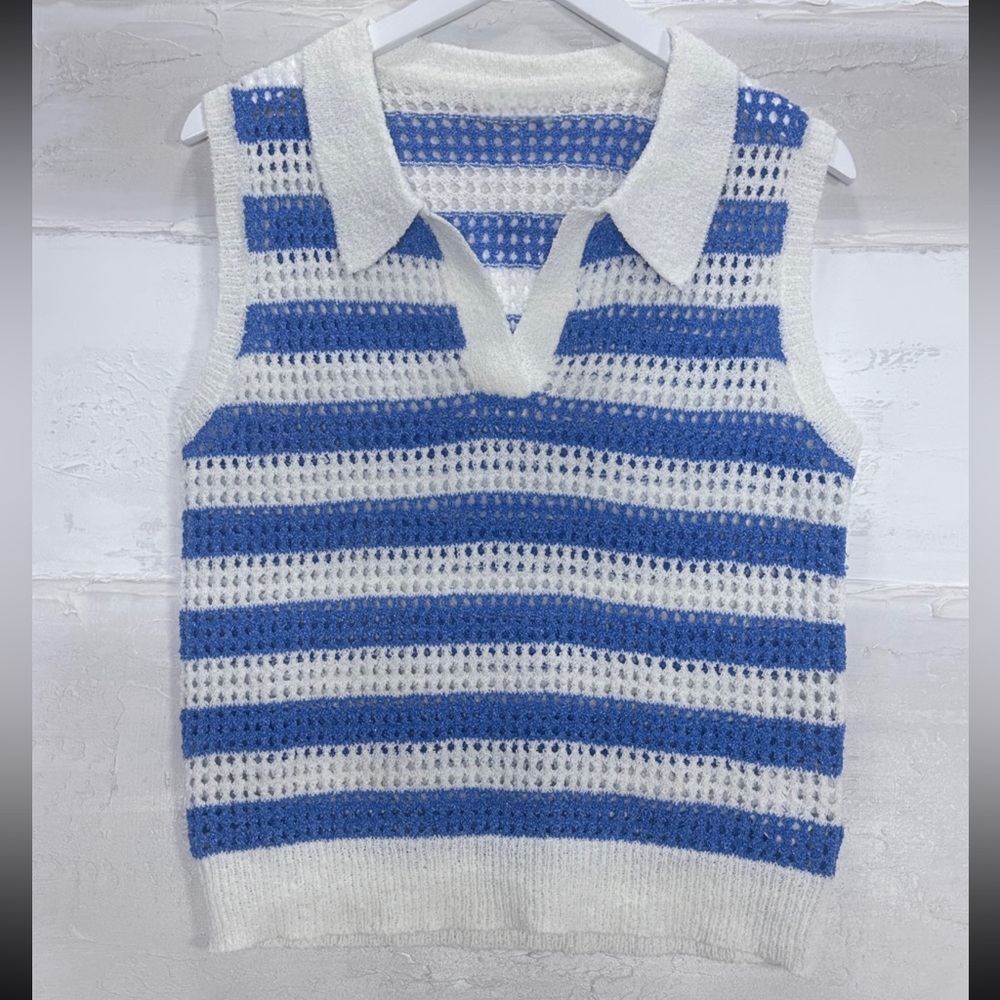 New with tags. Blue and white stripe sweater. Sleeveless with collar. Q2